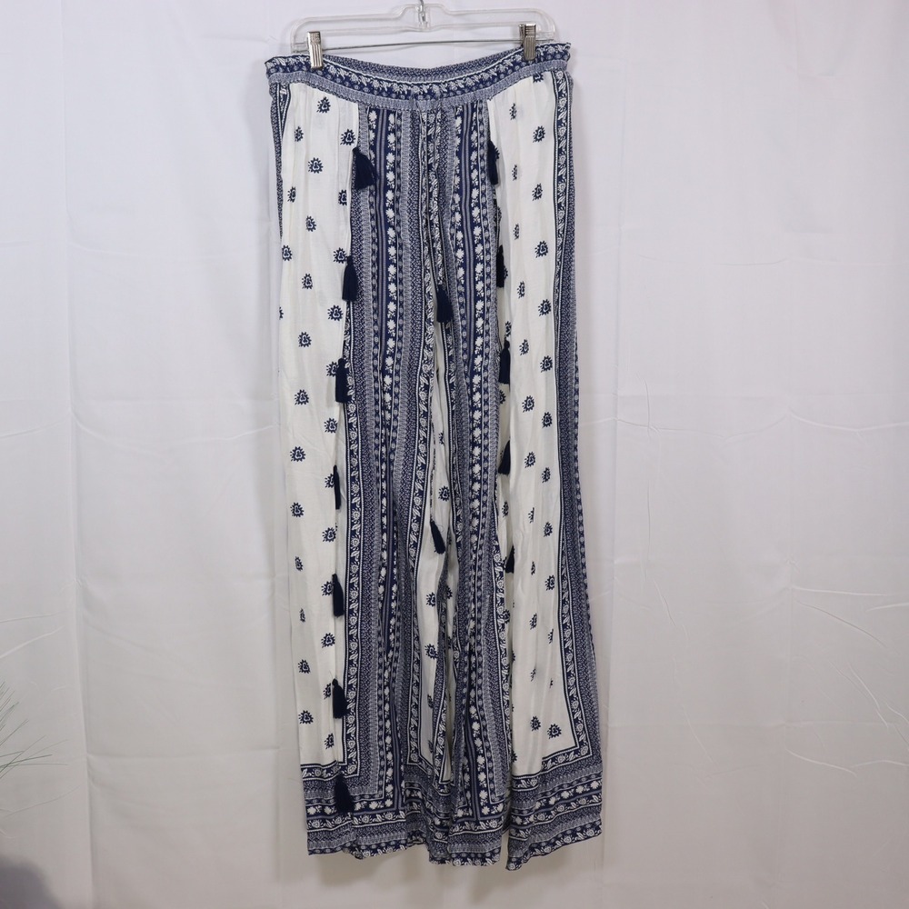 Goa Beachwear by Japna Wide Leg Pants M Blue White Womens Tassel Boho Palazzo